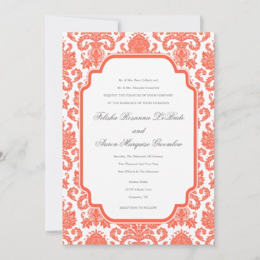 Tomato Red Weddings Designer Damask Sjabloon Kaart (Voorkant)
