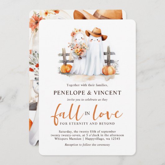 Tomber dans l'amour de mignons fantômes Faire-part (Devant / Derrière)