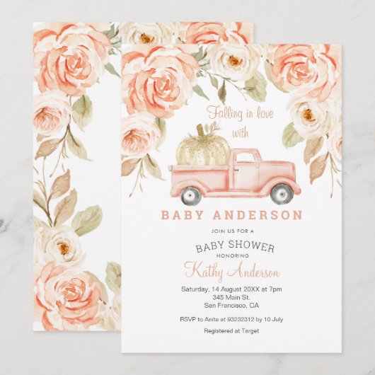 Tomber dans l'amour Peach Baby shower Invitation (Devant / Derrière)