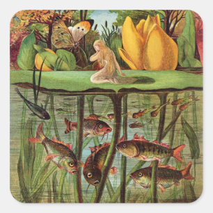 Tommelise erg desolaat op het waterlelblad, in vierkante sticker