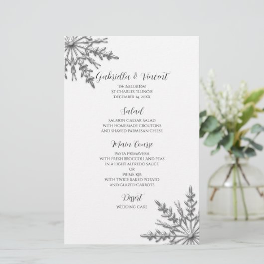 Tone Argent Snowflake Hiver Menu Mariage (Debout devant)