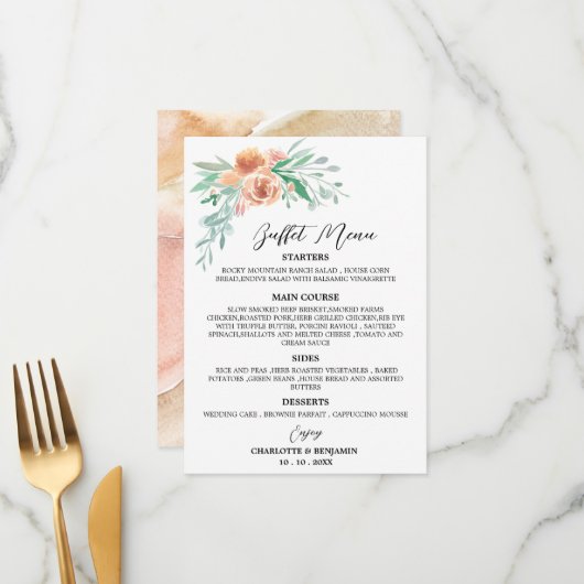 Tone Terre Aquarelle Floral Mariage Menu Buffet (Devant/Arrière en situation)