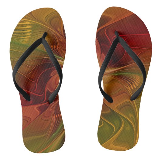Tongs Abstrait Rouge Orange Brown Vert Fractal Art Flowe (Semelle)