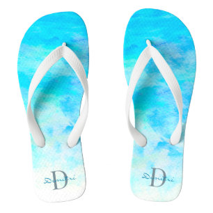 Tongs Aqua Blue Gradient Simple Monogramme Nom Flip Flop