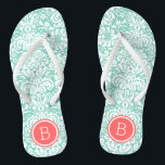 Tongs Aqua et Coral Floral Damask Monogramme<br><div class="desc">sandales à tongs imprimées sur mesure avec un élégant motif à damas floral élégant et votre monogramme ou autre texte personnalisé dans un cadre circulaire. Cliquez sur Customiser pour modifier les polices de texte et les couleurs ou ajouter vos propres images pour créer un design unique et unique !</div>