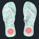Tongs Aqua et Coral Floral Damask Monogramme<br><div class="desc">sandales à tongs imprimées sur mesure avec un élégant motif à damas floral élégant et votre monogramme ou autre texte personnalisé dans un cadre circulaire. Cliquez sur Customiser pour modifier les polices de texte et les couleurs ou ajouter vos propres images pour créer un design unique et unique !</div>
