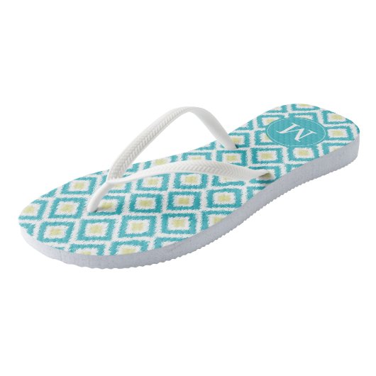 Tongs Aqua et Diamants Jaunes Motif Ikat Personnalisé (Incliné)