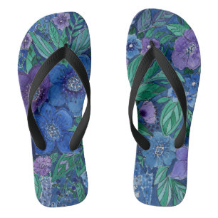 Tongs aquarelle, bleu et violet, aquarelle d'anémones