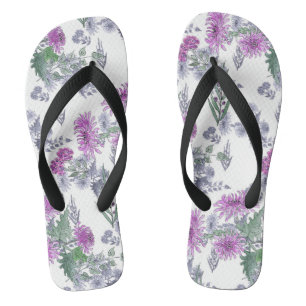 Tongs Aquarelle chrysanthème rose petites fleurs vert
