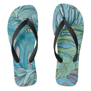 Tongs Aquarelle couleur bleu vert tropical feuille