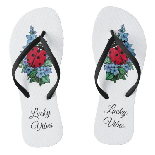 Tongs Aquarelle Cute Ladybird Avec Fleurs Bleues Sauvage (Semelle)