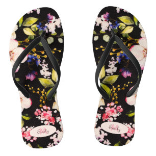 Tongs Aquarelle rose Roses jaunes sur noir, Monogramme