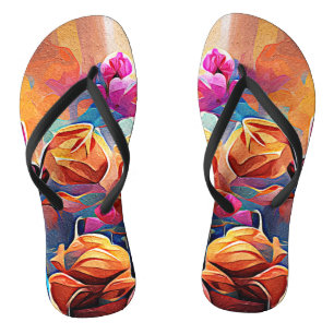 Tongs Art abstrait floral orange rouge bleu fleurs