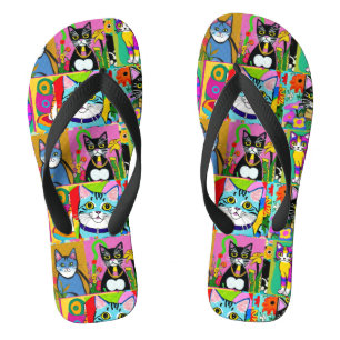 Tongs Art populaire fantaisiste chats colorés