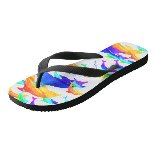 Tongs Beaux dauphins en arc-en-ciel avec prénom (Incliné)