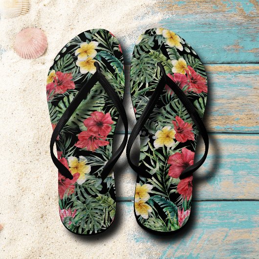 Tongs Black Tropical Floral Pattes Flip Flops