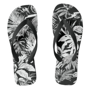 Tongs Black & White Tropical Feuille Flip Flops pour la