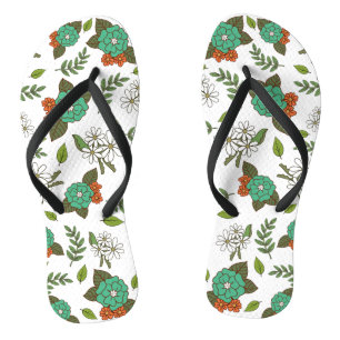 Tongs Blanc Rétro et Floral Vert