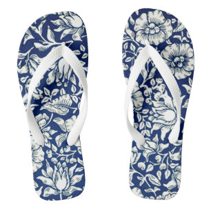 Tongs Bleu, marine et profil floral blanc,