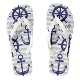 Tongs Bleu Nuit Naval Ancre Roue de Bateau Rayure Grise