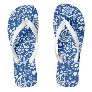 Tongs Boho Chic Bleu Paisley et Motif de fleurs