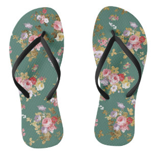 Tongs Bois chic de campagne vert rose or élégant flora