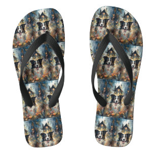Tongs Border Collie Halloween avec citrouilles effrayant