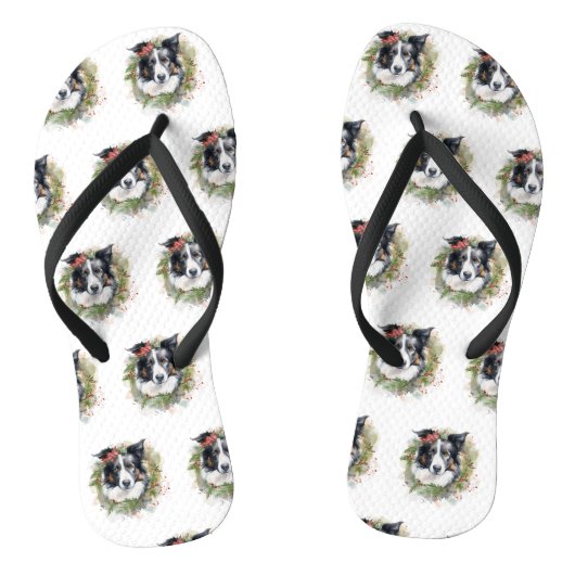 Tongs Bordure Collie Fête de Noël Wreath Pup (Semelle)