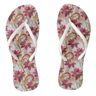 Tongs Boucles d'or Bourgogne rose Poinsettias de Noël