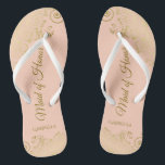 Tongs Boucles d'or sur la Pêche de Corail Maid of Honor<br><div class="desc">Ces belles tongs mariages sont une excellente façon de remercier et de reconnaître votre bonne d'honneur tout en lui épargnant les pieds en même temps. Il présente un design élégant avec des boucles dorées frileuses et des tourbillons sur un arrière - plan couleur pêche orange pâle ou corail et des...</div>