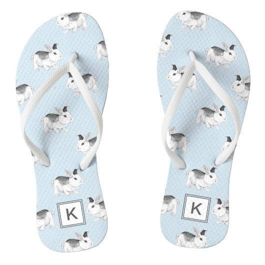 Tongs Bunnies Whimsical Gris Bleu avec Monogramme (Semelle)