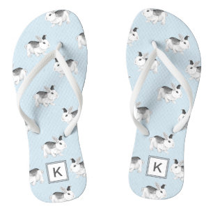 Tongs Bunnies Whimsines Blue Grey avec Monogramme