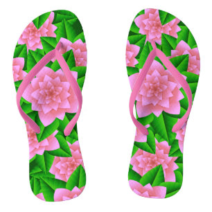Tongs Camélias rose glacé et feuilles vertes