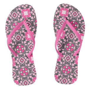 Tongs Carreau marocain floral, rose fuchsia et gris