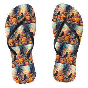 Tongs Chat noir d'Halloween avec citrouilles effrayant