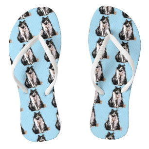 Tongs Chat Tuxedo Noir et Blanc Chats Mignons Bleu