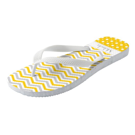 Tongs Chevron & pois modernes jaune, gris, blanc (Incliné)
