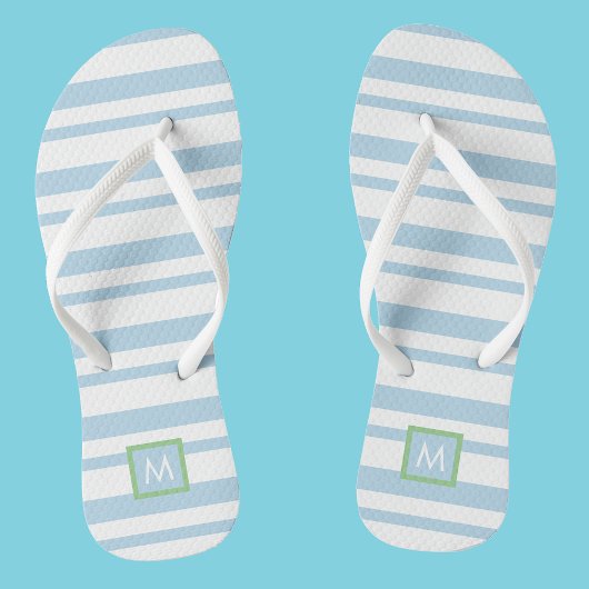 Tongs Chic Monogramme blanc et bleu clair rayures
