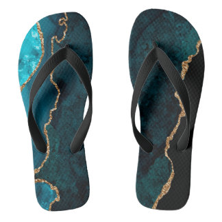 Tongs Chic Teal Gold Glitter Agate Custom Monogram