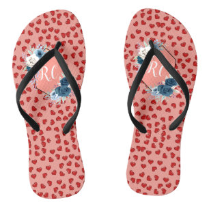 Tongs Cœur rouge minimaliste & Monogramme de fleur bleue