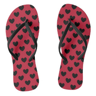 Tongs Coeurs de polka noir sur rouge