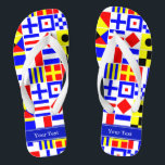 Tongs Colorful Nautical Signal Flags Royal Name Monogram<br><div class="desc">Signal Nautique Coloré Drapeaux avec Nom Royal Bleu Monogram Personnaliser Étiquette ceci avec votre nom, monogramme ou autre texte. Vous pouvez également modifier la police, la taille et la couleur de la police, déplacer le texte, ajouter des champs de texte, etc. Vous voulez voir cela dans une autre combinaison de...</div>