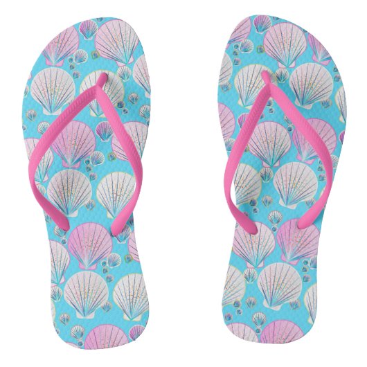 Tongs Coques de mer roses et blanches sur turquoise (Semelle)
