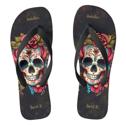 Tongs Crâne à sucre fleuri Sweet 16 Anniversaire (Semelle)