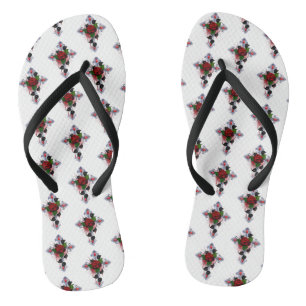 Tongs Croix d'argent avec une rose rouge