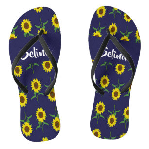 Tongs Custom name sunflowers on blue