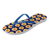 Tongs Dahlia jaune motif floral sur bleu (Incliné)