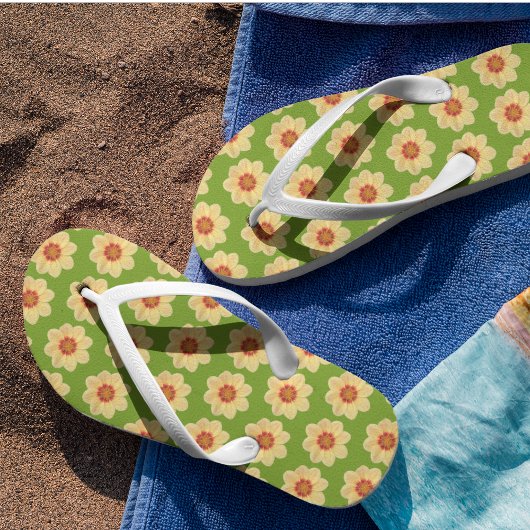 Tongs Dahlia jaune motif floral sur vert