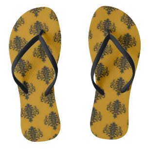 Tongs Damas noir sur motif jaune moutarde