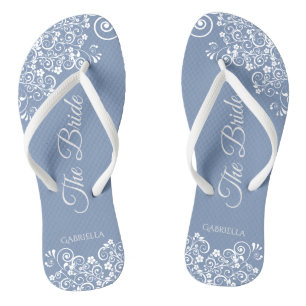 Tongs Dentelle blanche sur Dusty Blue Elegant Bride Mari